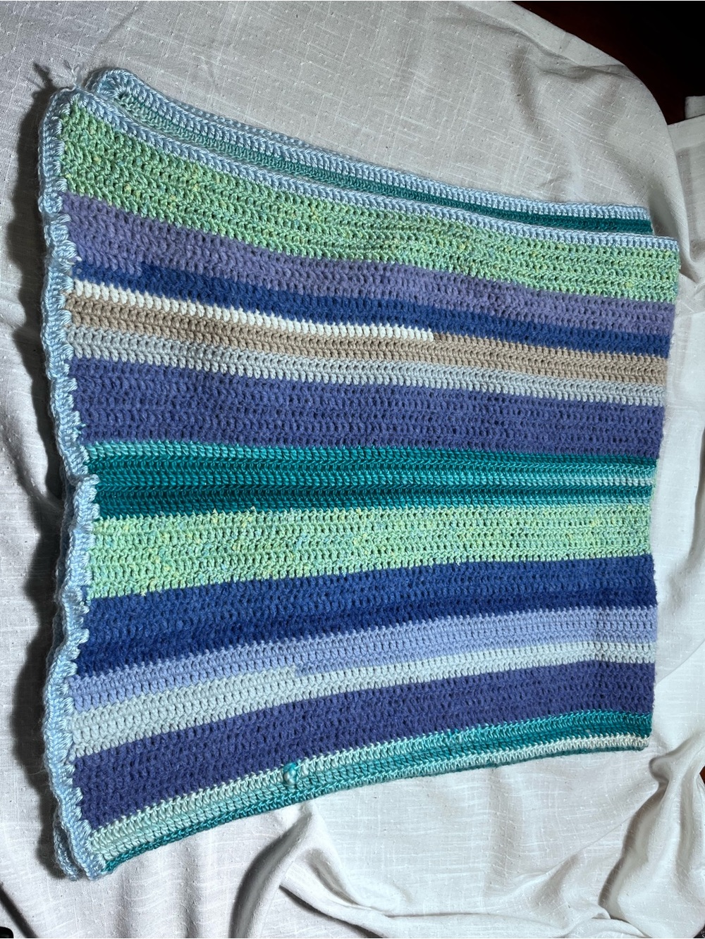 Handmade Crochet Throw Blanket Blue Green Striped Afghan 59x55 One of a Kind